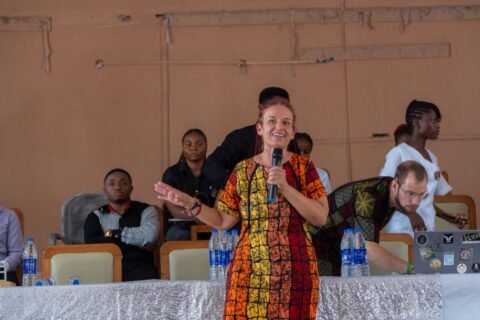 Dr. Réka Fodor addressing students at Shanahan University, Onitsha